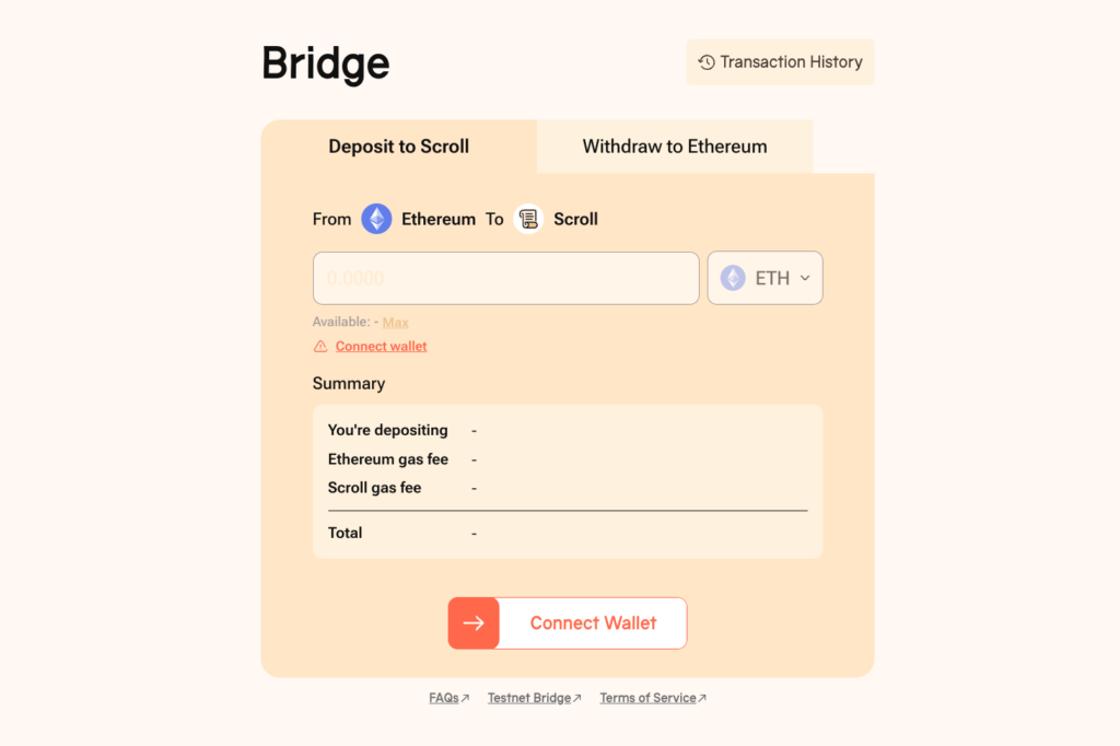 Bridge ETH mainnet funds using the Scroll bridge