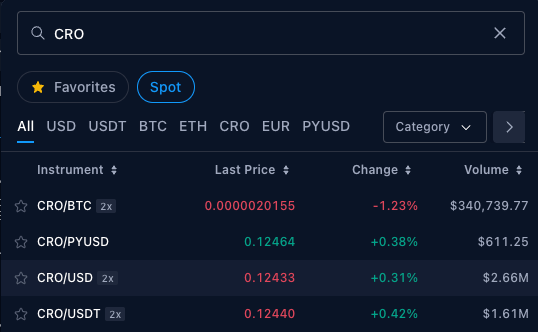 Crypto.com CRO trading pair